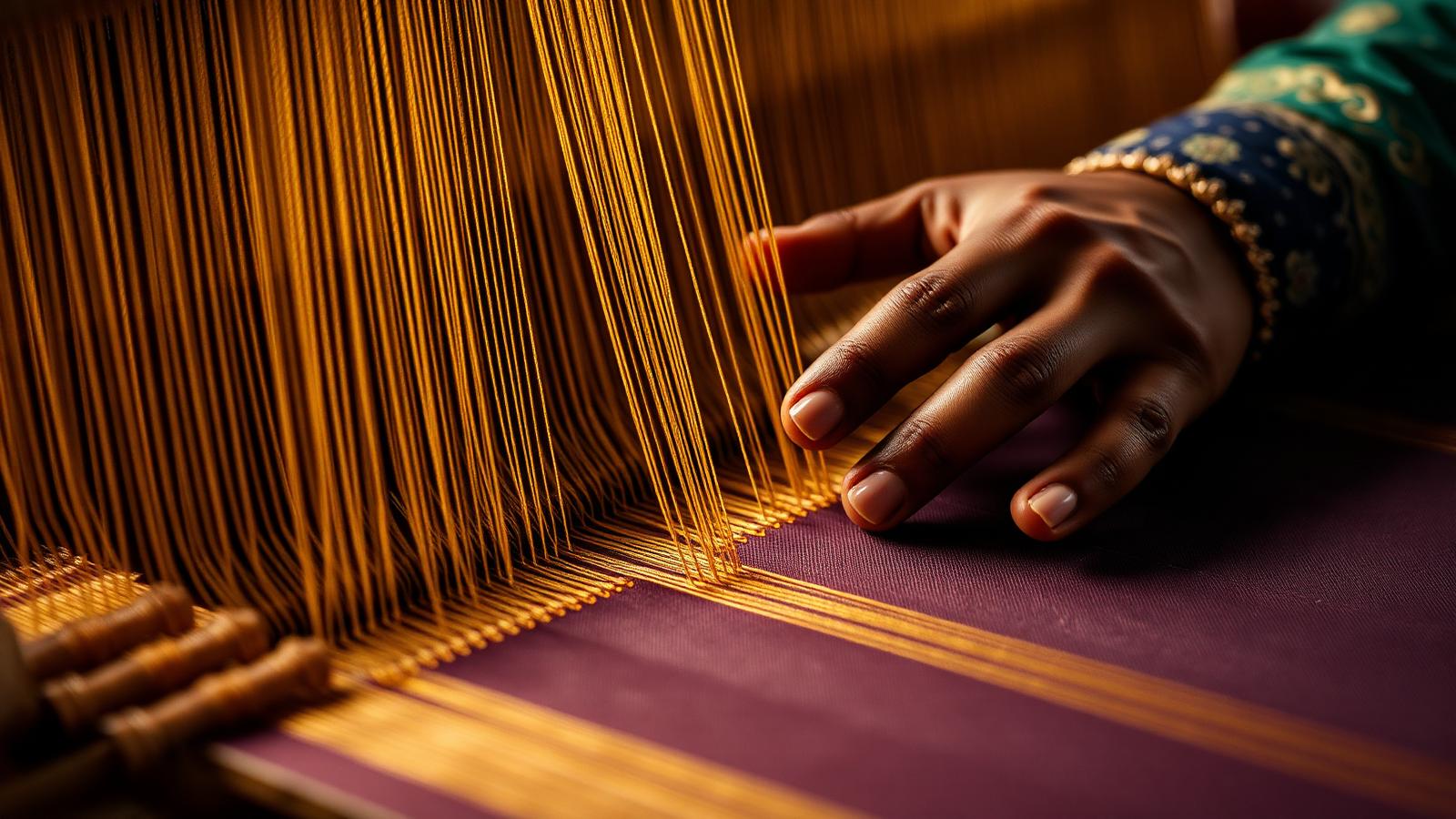 Artisan hands weaving gold zari threads on a traditional Indian loom